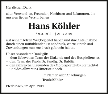Traueranzeige von Hans Köhler 