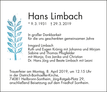 Traueranzeige von Hans Limbach 