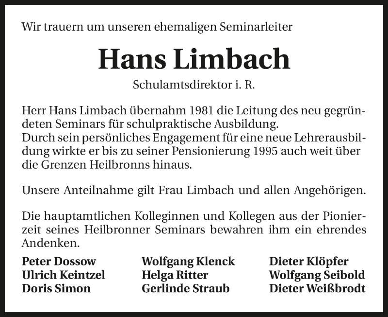  Traueranzeige für Hans Limbach vom 03.04.2019 aus 