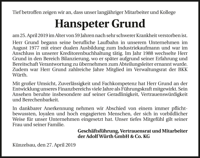  Traueranzeige für Hanspeter Grund vom 27.04.2019 aus 