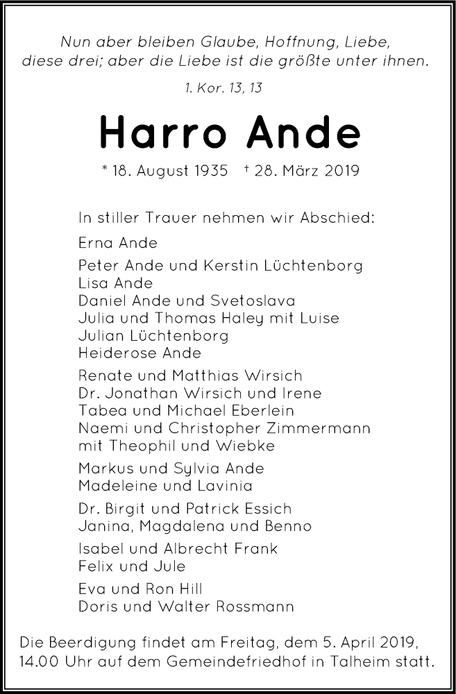  Traueranzeige für Harro Ande vom 02.04.2019 aus 