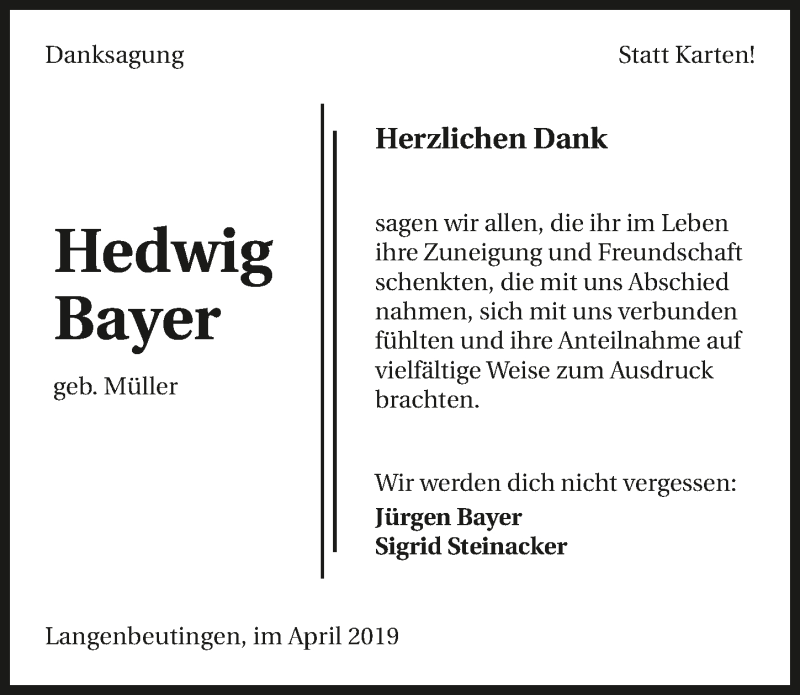 Traueranzeige für Hedwig Bayer vom 17.04.2019 aus 