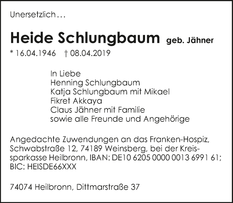  Traueranzeige für Heide Schlungbaum vom 13.04.2019 aus 