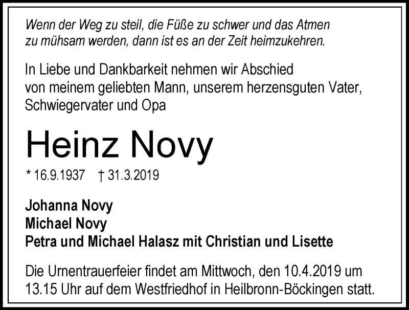  Traueranzeige für Heinz Novy vom 06.04.2019 aus 