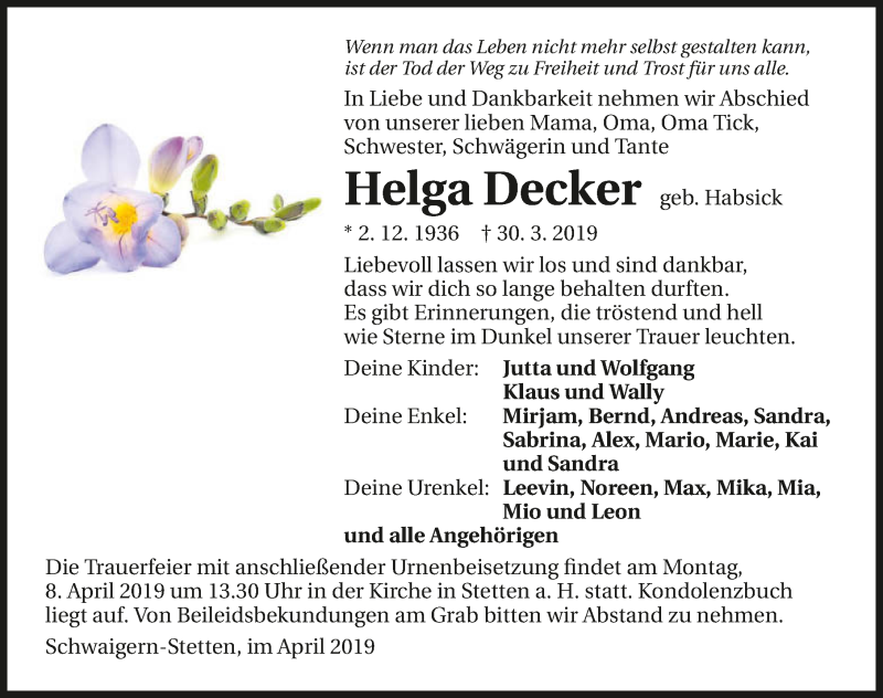  Traueranzeige für Helga Decker vom 03.04.2019 aus 