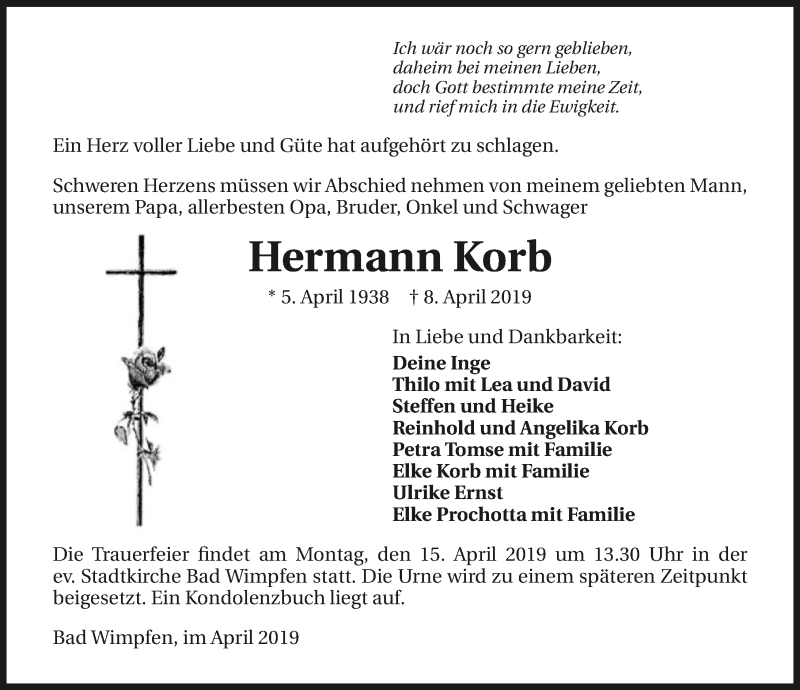  Traueranzeige für Hermann Korb vom 11.04.2019 aus 