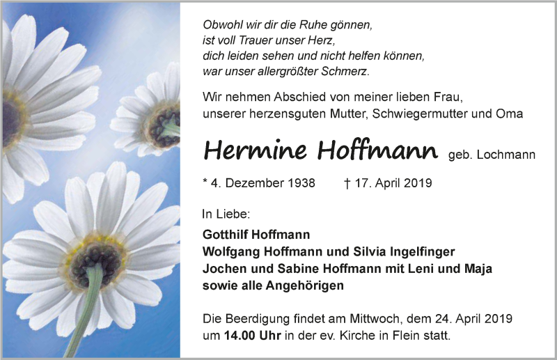  Traueranzeige für Hermine Hoffmann vom 20.04.2019 aus 
