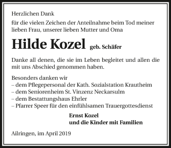 Traueranzeige von Hilde Kozel 