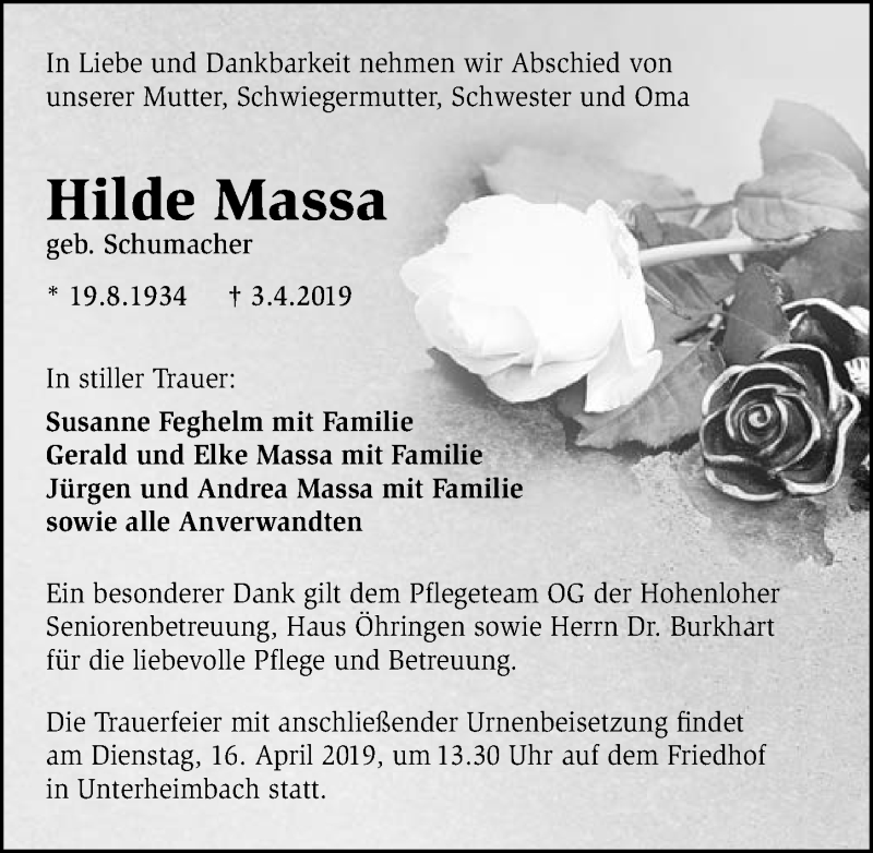  Traueranzeige für Hilde Massa vom 13.04.2019 aus 