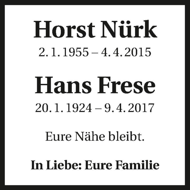  Traueranzeige für Horst Nürk vom 04.04.2019 aus 