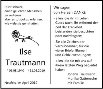 Traueranzeige von Ilse Trautmann 