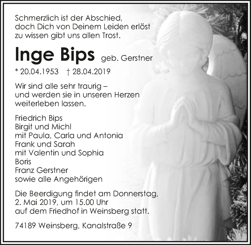  Traueranzeige für Inge Bips vom 30.04.2019 aus 