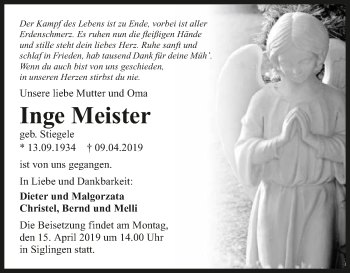 Traueranzeige von Inge Meister 