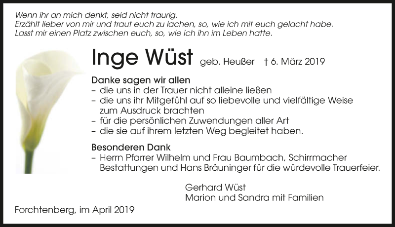  Traueranzeige für Inge Wüst vom 17.04.2019 aus 