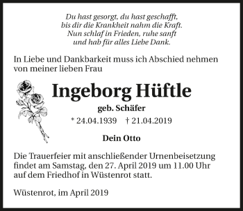 Traueranzeige von Ingeborg Hüftle 