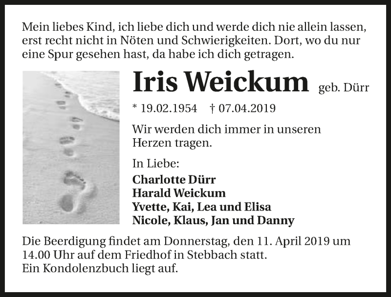  Traueranzeige für Iris Weickum vom 09.04.2019 aus 