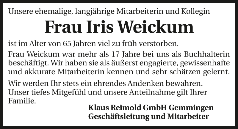  Traueranzeige für Iris Weickum vom 09.04.2019 aus 