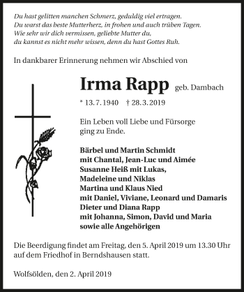 Traueranzeige von Irma Rapp 