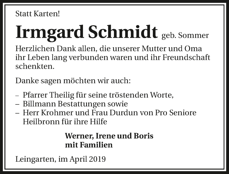  Traueranzeige für Irmgard Schmidt vom 18.04.2019 aus 