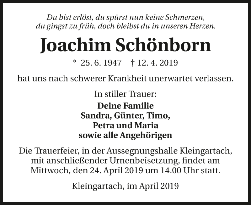  Traueranzeige für Joachim Schönborn vom 20.04.2019 aus 