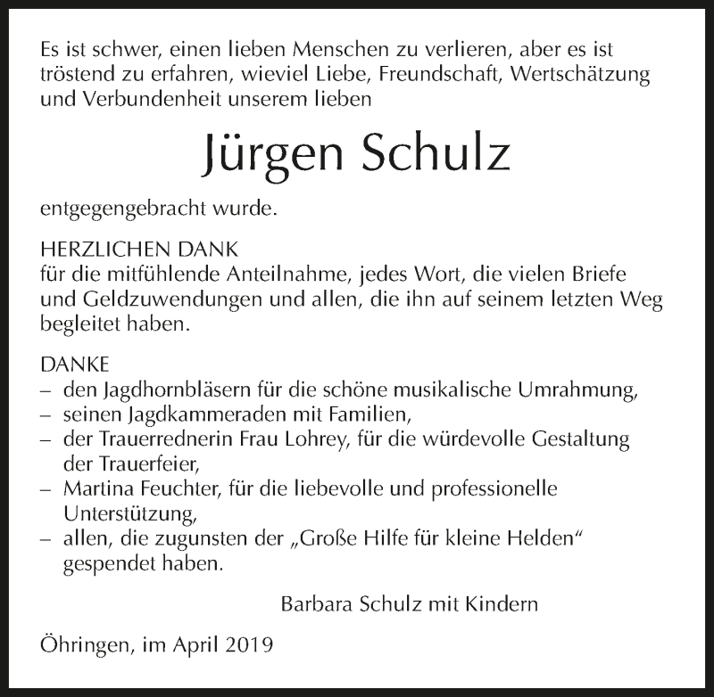  Traueranzeige für Jürgen Schulz vom 06.04.2019 aus 