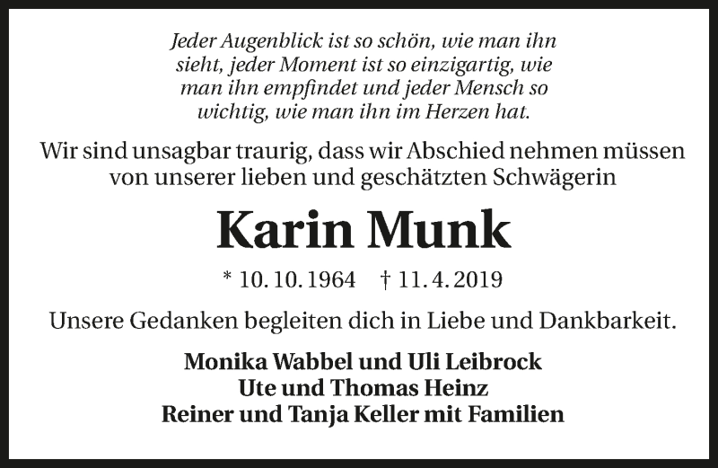  Traueranzeige für Karin Munk vom 25.04.2019 aus 