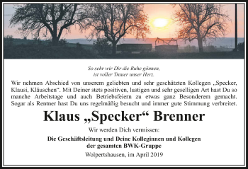 Traueranzeige von Klaus Brenner 