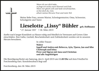 Traueranzeige von Lieselotte Bühler 