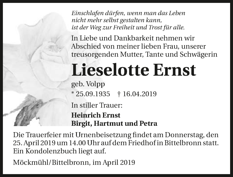  Traueranzeige für Lieselotte Ernst vom 23.04.2019 aus 