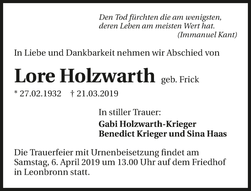  Traueranzeige für Lore Holzwarth vom 04.04.2019 aus 