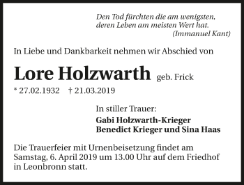 Traueranzeige von Lore Holzwarth 