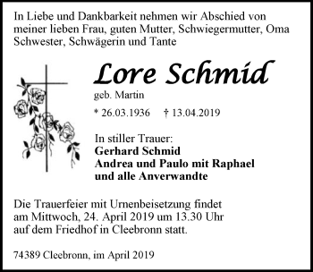 Traueranzeige von Lore Schmid 