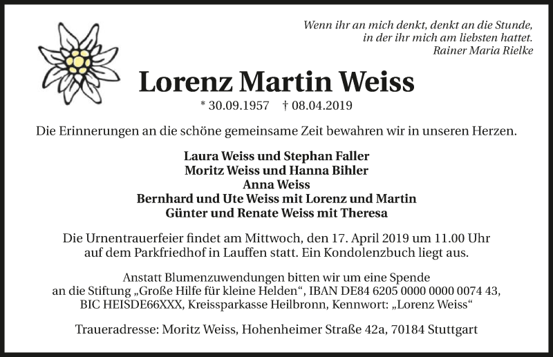  Traueranzeige für Lorenz Martin Weiß vom 13.04.2019 aus 