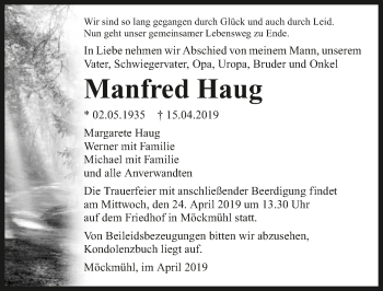 Traueranzeige von Manfred Haug 