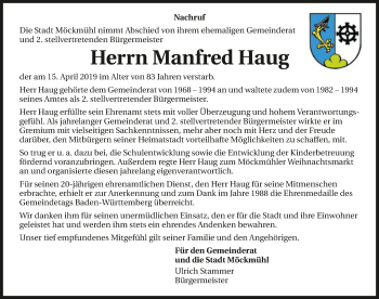 Traueranzeige von Manfred Haug 