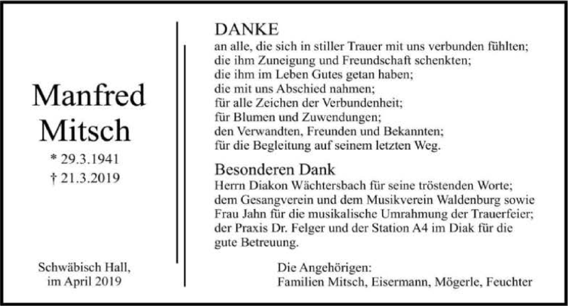  Traueranzeige für Manfred Mitsch vom 30.04.2019 aus 