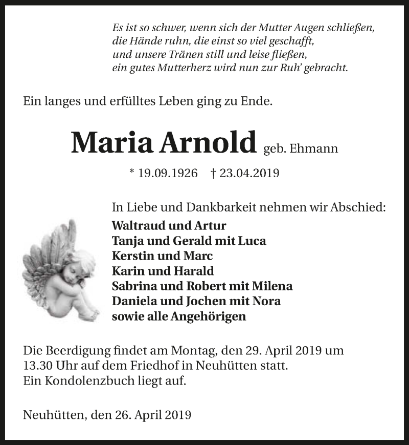 Traueranzeige für Maria Arnold vom 26.04.2019 aus 