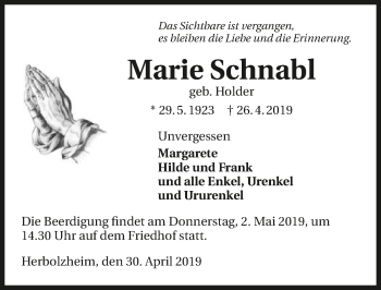 Traueranzeige von Marie Schnabl 