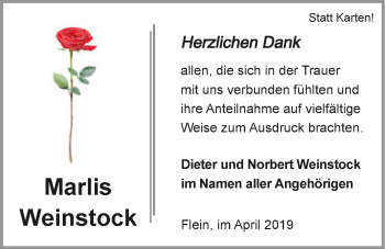 Traueranzeige von Marlies Weinstock 
