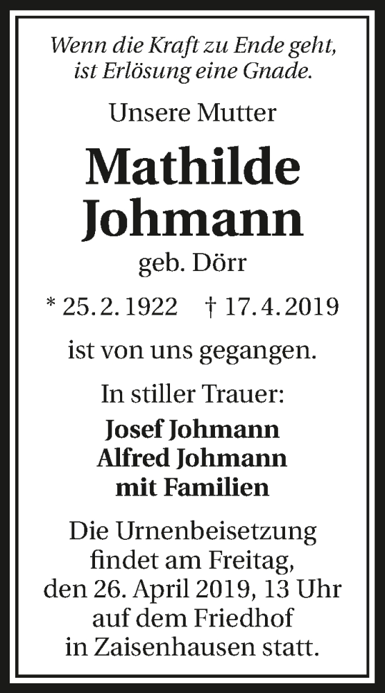  Traueranzeige für Mathilde Johmann vom 24.04.2019 aus 
