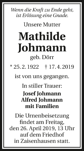 Traueranzeige von Mathilde Johmann 