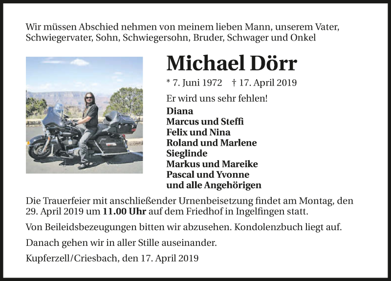  Traueranzeige für Michael Dörr vom 25.04.2019 aus 