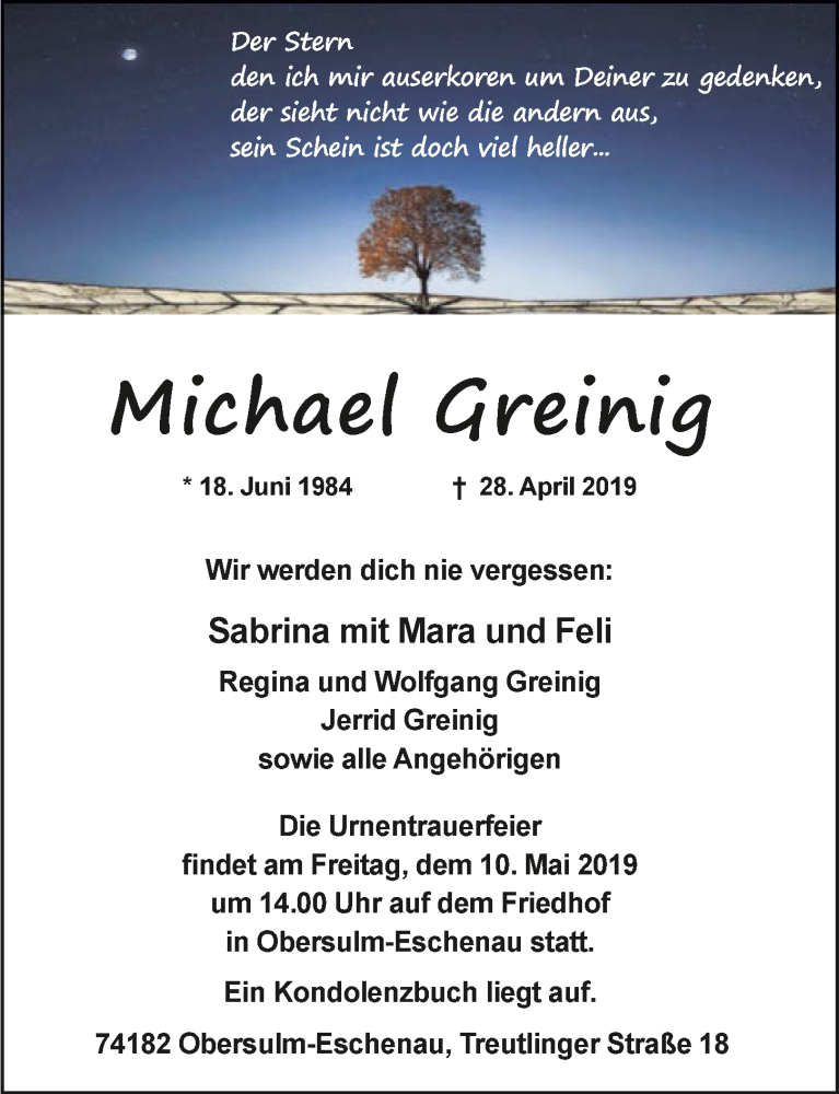  Traueranzeige für Michael Greinig vom 30.04.2019 aus 