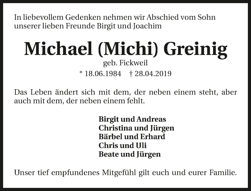  Traueranzeige für Michael Greinig vom 30.04.2019 aus 