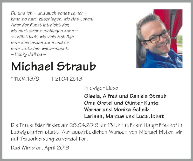  Traueranzeige für Michael Straub vom 25.04.2019 aus 