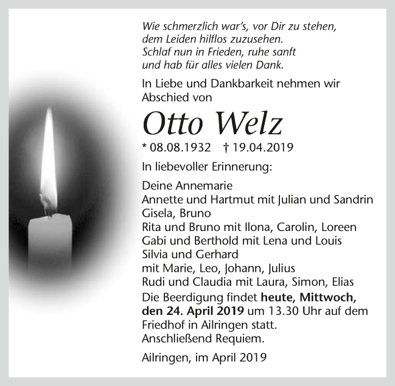  Traueranzeige für Otto Welz vom 24.04.2019 aus 