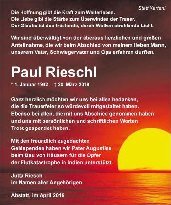 Traueranzeige von Paul Rieschl 