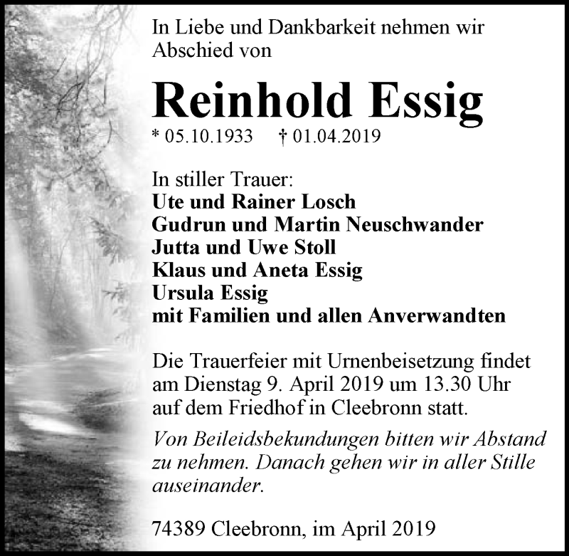  Traueranzeige für Reinhold Essig vom 05.04.2019 aus 