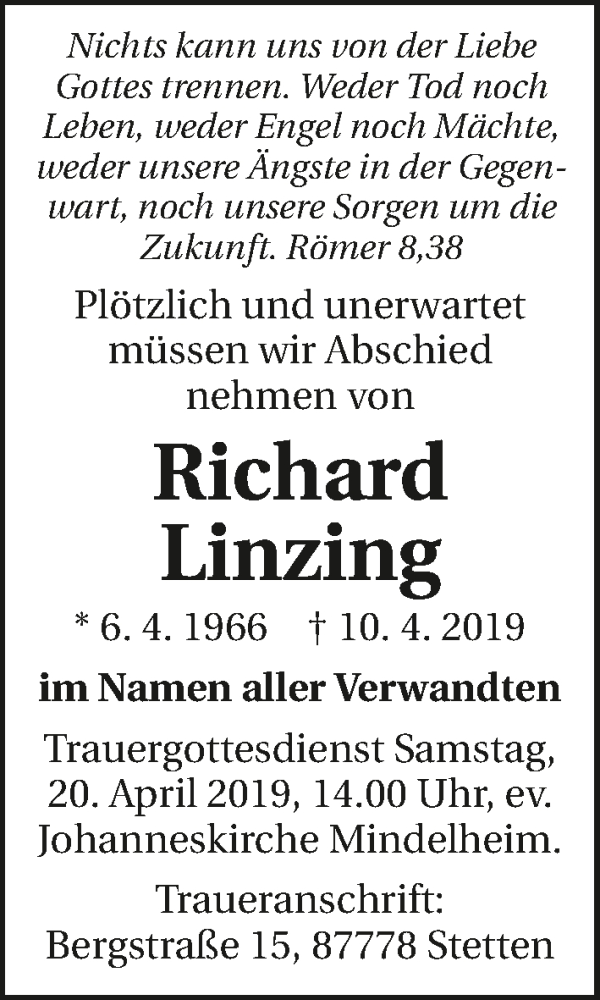  Traueranzeige für Richard Linzing vom 18.04.2019 aus 