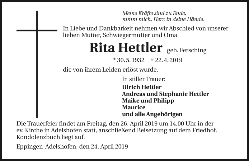  Traueranzeige für Rita Hettler vom 24.04.2019 aus 